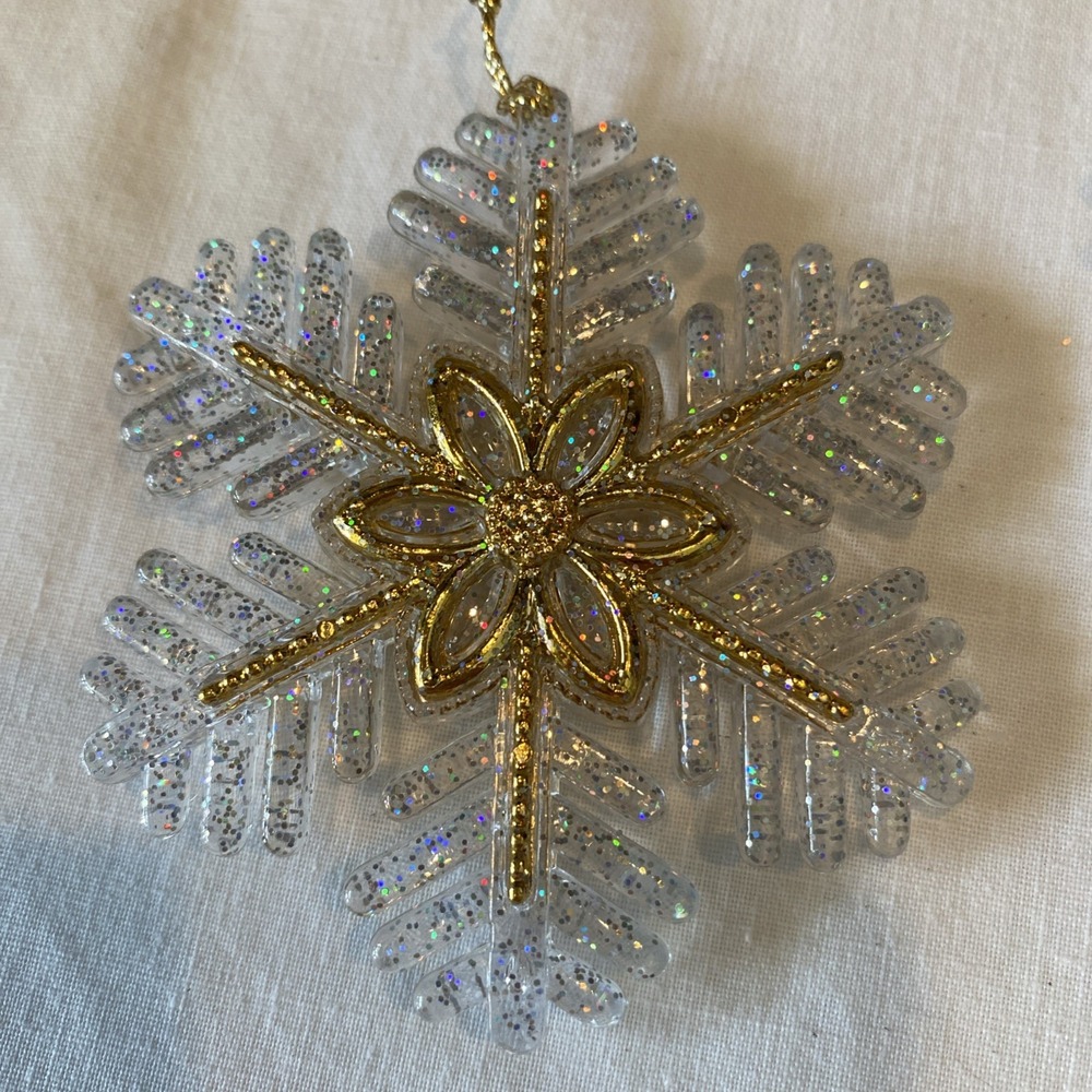 Set Of 10 Vintage Acrylic Snowflake Ornaments With Gold Colored Accents